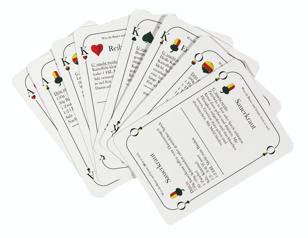 Spielkarten mit Rezepten in einer Filztasche